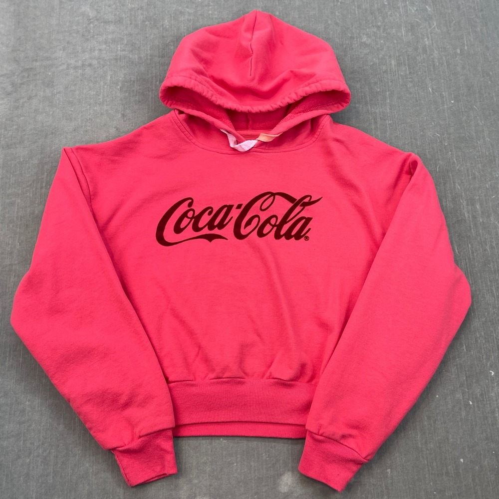 Coca Cola Womens X-Small Pink Hoodie Pullover Graphic Flocked Logo Cropped 2019